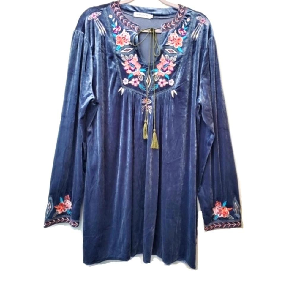 MissLook Floral Boho Embroidered Velvet Tunic Dress/Top Tassels Size 5XL